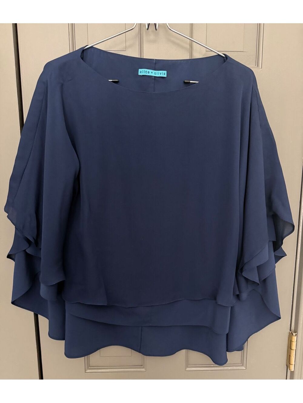 Alice + Olivia Women's Navy Blue Layered Ruffle Sleeve Tiered Blouse Sz S